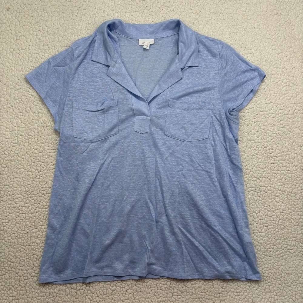 J Jill Love Linen Blouse M Blue Collared Pockets Short Sleeve Minimalist Coastal